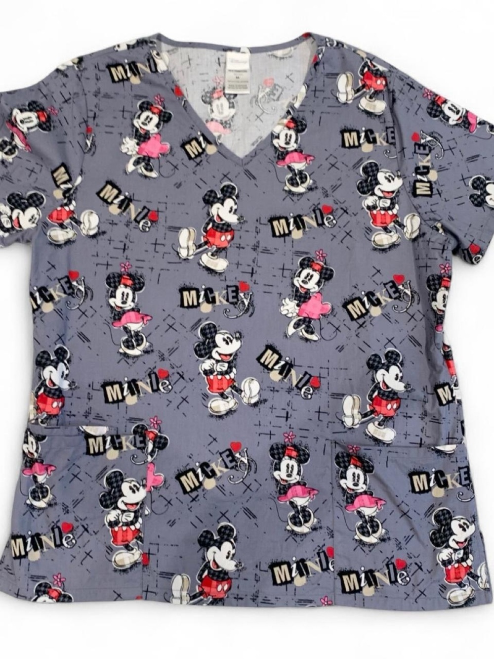 Disney Short Sleeve Scrub V-Neck Top in Gray with Pink and Red Accents
